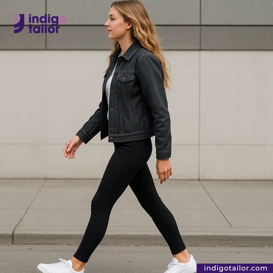 Woman wearing a CLASSIC GREY SILVER SELVEDGE DENIM jacket and black pants walking on a sidewalk with 'Indigotailor' branding.