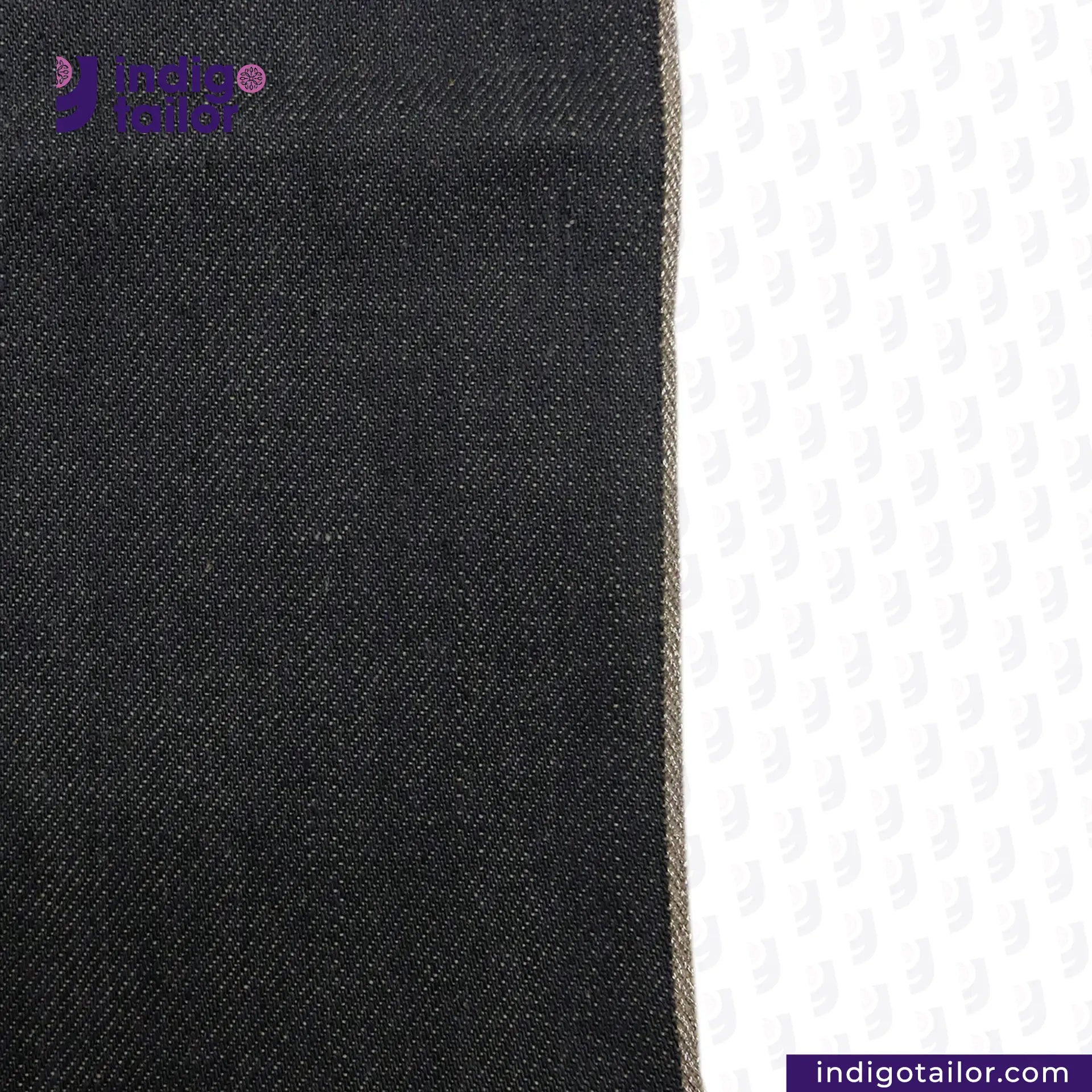 Close-up of CLASSIC GREY SILVER SELVEDGE DENIM fabric with a visible brand logo on a white background