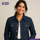 Woman wearing a COMFORT STRETCH WHITE SELVEDGE jacket with Indigotailor logo and website on a beige background
