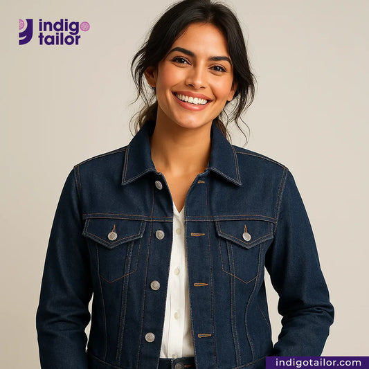 Woman wearing a COMFORT STRETCH WHITE SELVEDGE jacket with Indigotailor logo and website on a beige background