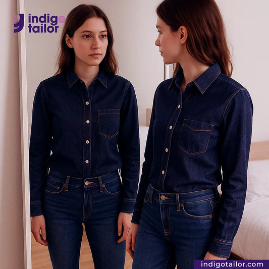 Woman wearing a COMFORT STRETCH WHITE SELVEDGE shirt and jeans, standing in front of a mirror.