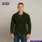 Man wearing a CORDUROY CHORE BLAZER (OLIVE) with 'Indigo Tailor' branding on a gray background
