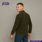 Man wearing a CORDUROY CHORE BLAZER (OLIVE) with 'Indigo Tailor' logo on a gray background