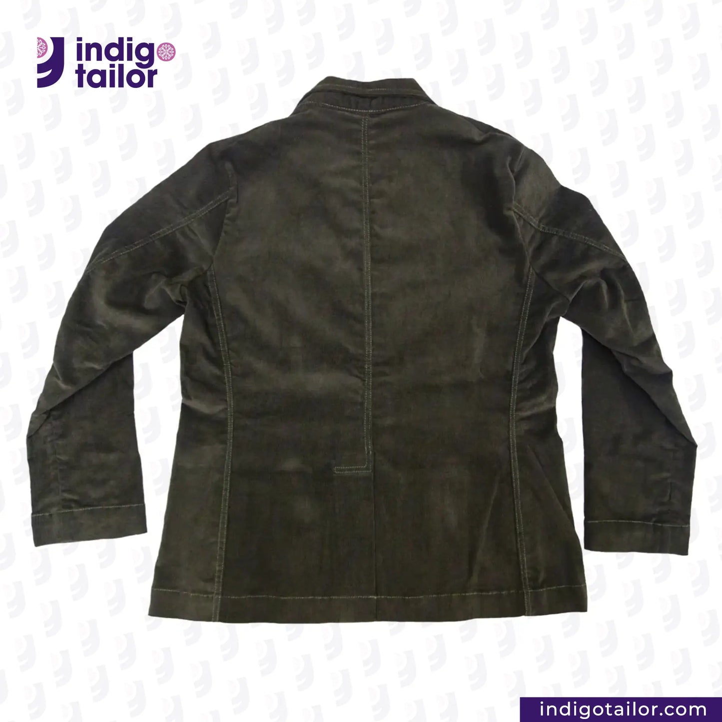 CORDUROY CHORE BLAZER (OLIVE) on a white background with 'Indigo Tailor' branding.