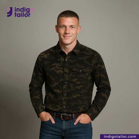 Man wearing a CORD CAMO OVERSHIRT camouflage shirt with 'Indigo Tailor' logo and website on a gray background