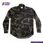 CORD CAMO OVERSHIRT Camouflage shirt with button details on a white background, featuring the Indigotailor logo.