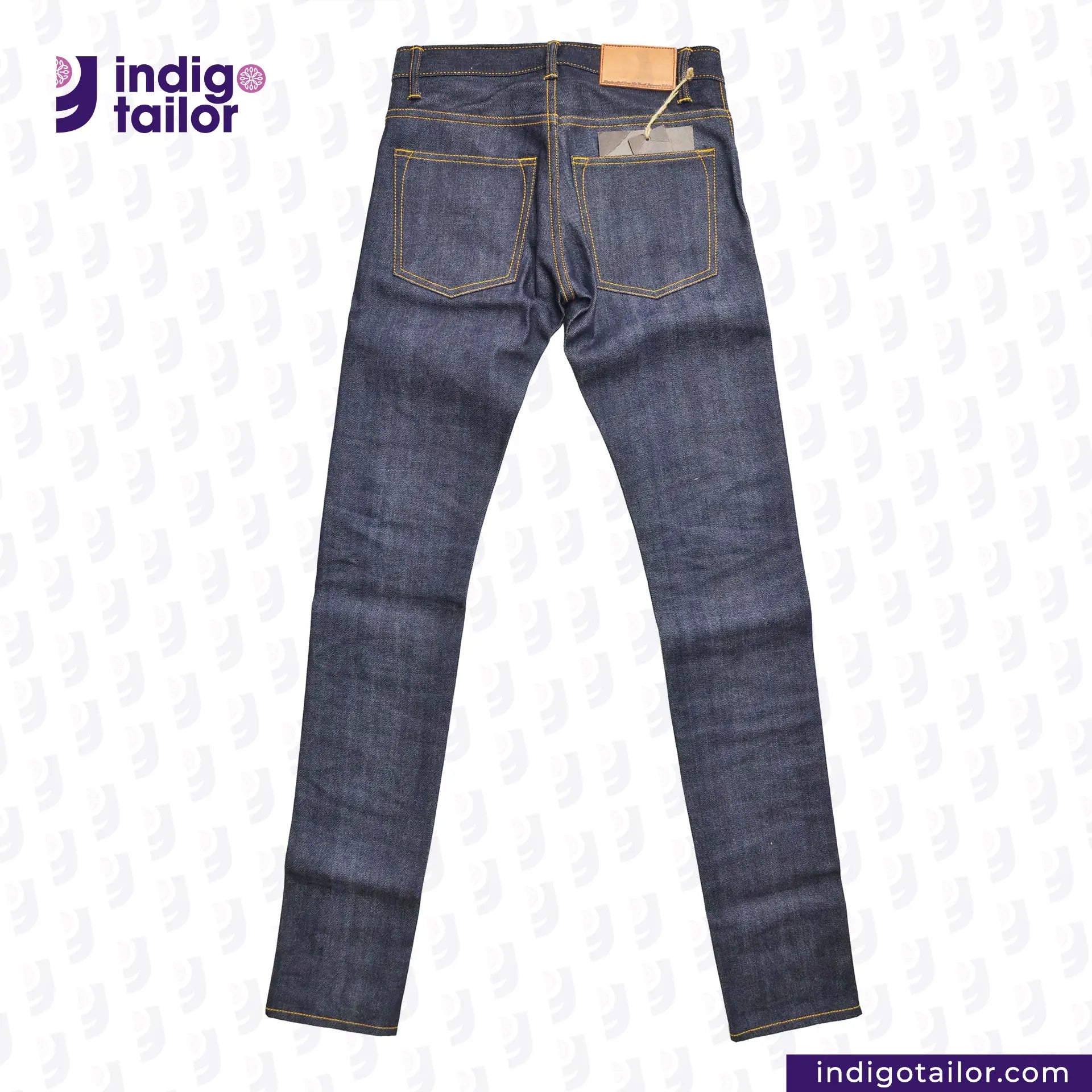Comfort Stretch Denim jeans with 'Indigo Tailor' logo and website on a light gray background