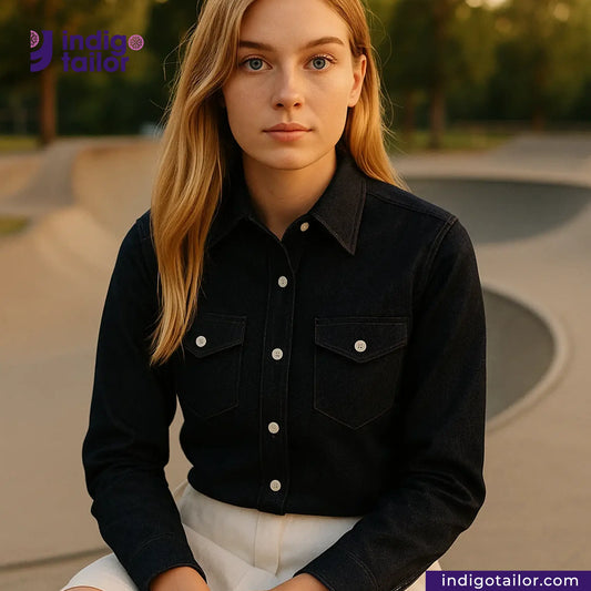 Woman wearing a DARK INDIGO X BLACK SELVEDGE DENIM shirt sitting in a skate park with 'Indigo Tailor' branding.