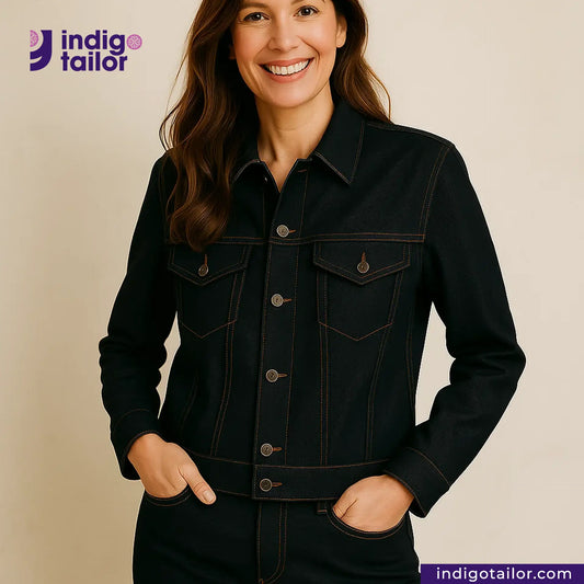 Woman wearing a DARK INDIGO x BLACK SELVEDGE DENIM jacket with Indigotailor logo and website on beige background