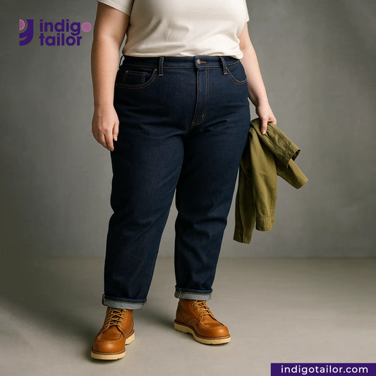 Person wearing DARK WASHED SELVEDGE DENIM LIME SELVEDGE jeans and brown boots holding a green jacket, with 'Indigotailor' branding.
