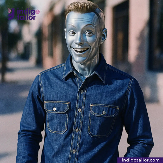 Person wearing a DARK WASHED SELVEDGE DENIM LIME SELVEDGE shirt with 'Indigo Tailor' branding in the background.