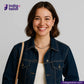 Woman wearing a DARK WASHED SELVEDGE DENIM LIME SELVEDGE ID jacket with Indigotailor logo and website in the corner.