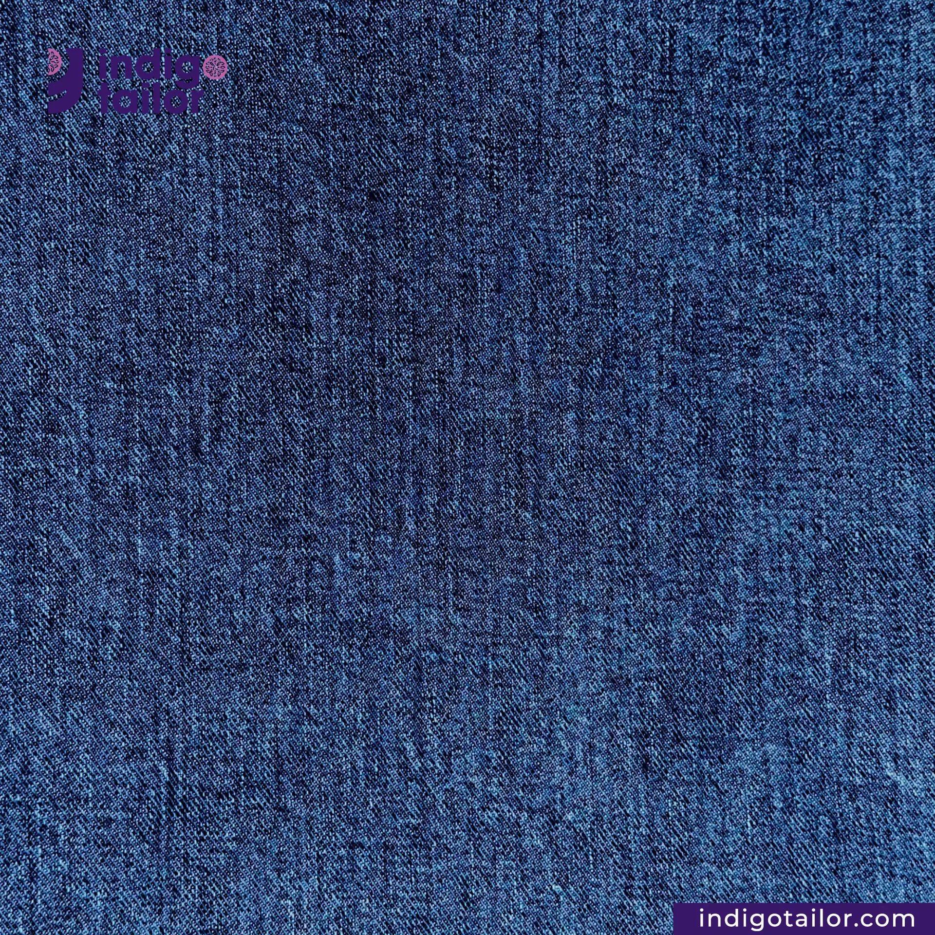 Close-up of DARK WASHED SELVEDGE DENIM LIME SELVEDGE ID fabric with 'indigotailor' branding.