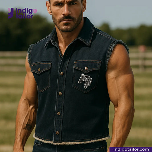 Man wearing a DEEP INDIGO BURNT ORANGE COPPER SELVEDGE ID denim vest with a horse emblem in an outdoor setting, featuring the brand 'Indigotailor'.
