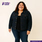 Woman wearing a DEEP INDIGO DOTTED BRONZE SELVEDGE jacket with Indigotailor logo and website on a beige background