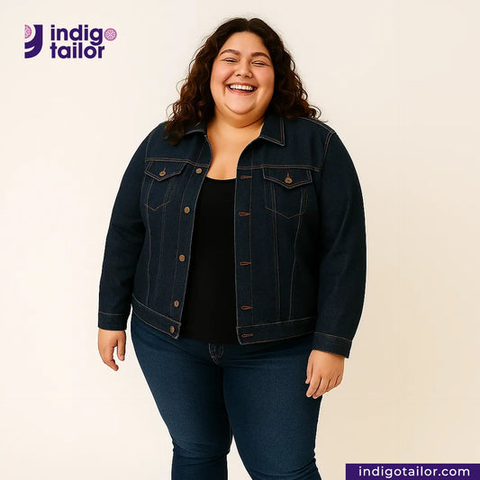 Woman wearing a DEEP INDIGO DOTTED BRONZE SELVEDGE jacket with Indigotailor logo and website on a beige background