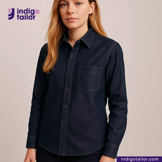 Woman wearing a DEEP INDIGO DOTTED BRONZE SELVEDGE denim shirt with 'Indigotailor' logo and website on a beige background