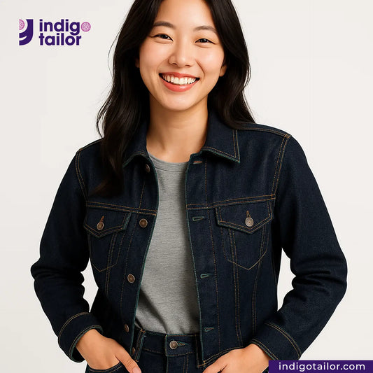 Woman wearing a DEEP INDIGO FOREST GREEN SELVEDGE DENIM jacket with Indigotailor logo and website on a light gray background