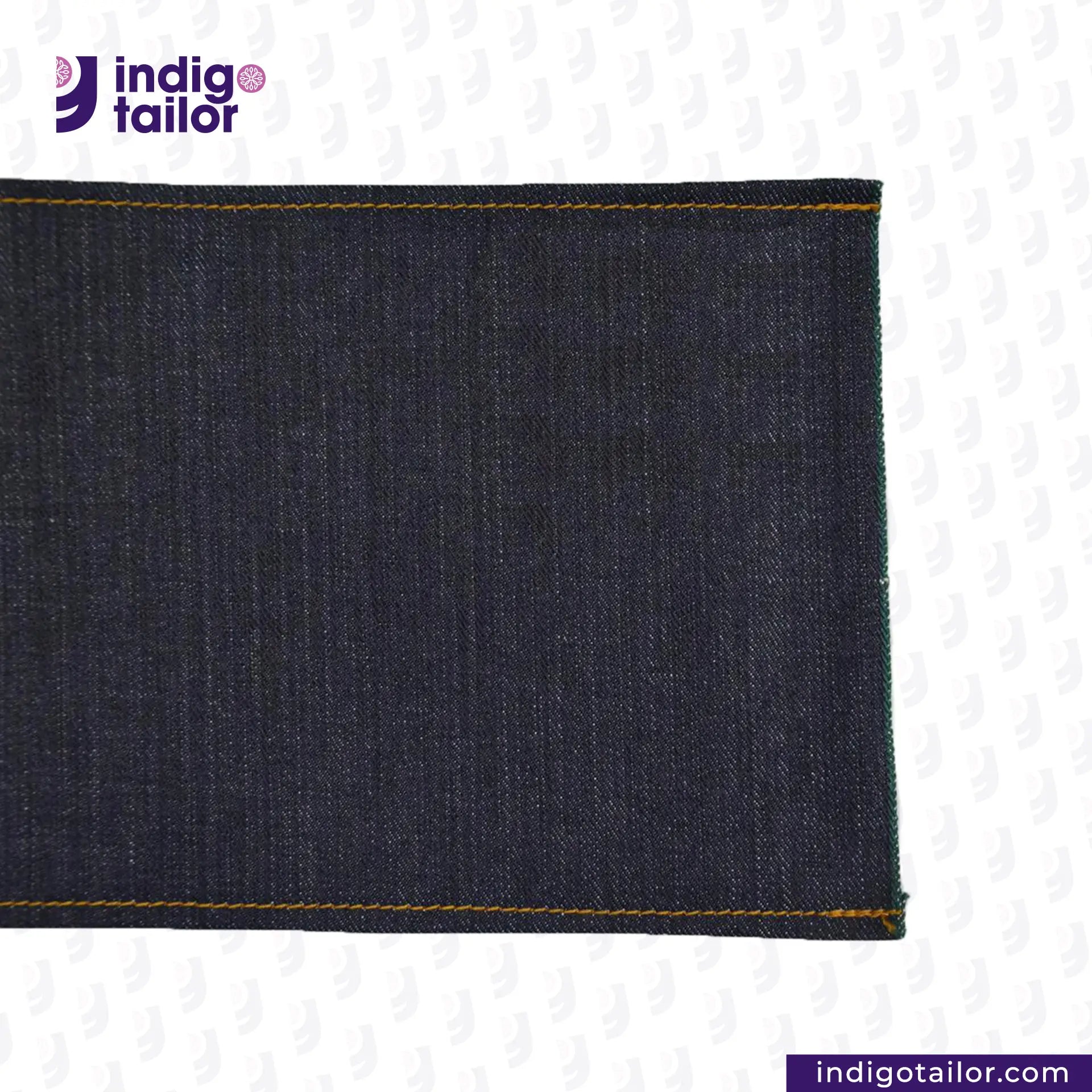 DEEP INDIGO FOREST GREEN SELVEDGE DENIM fabric with yellow stitching on a white background, featuring the Indigotailor logo.