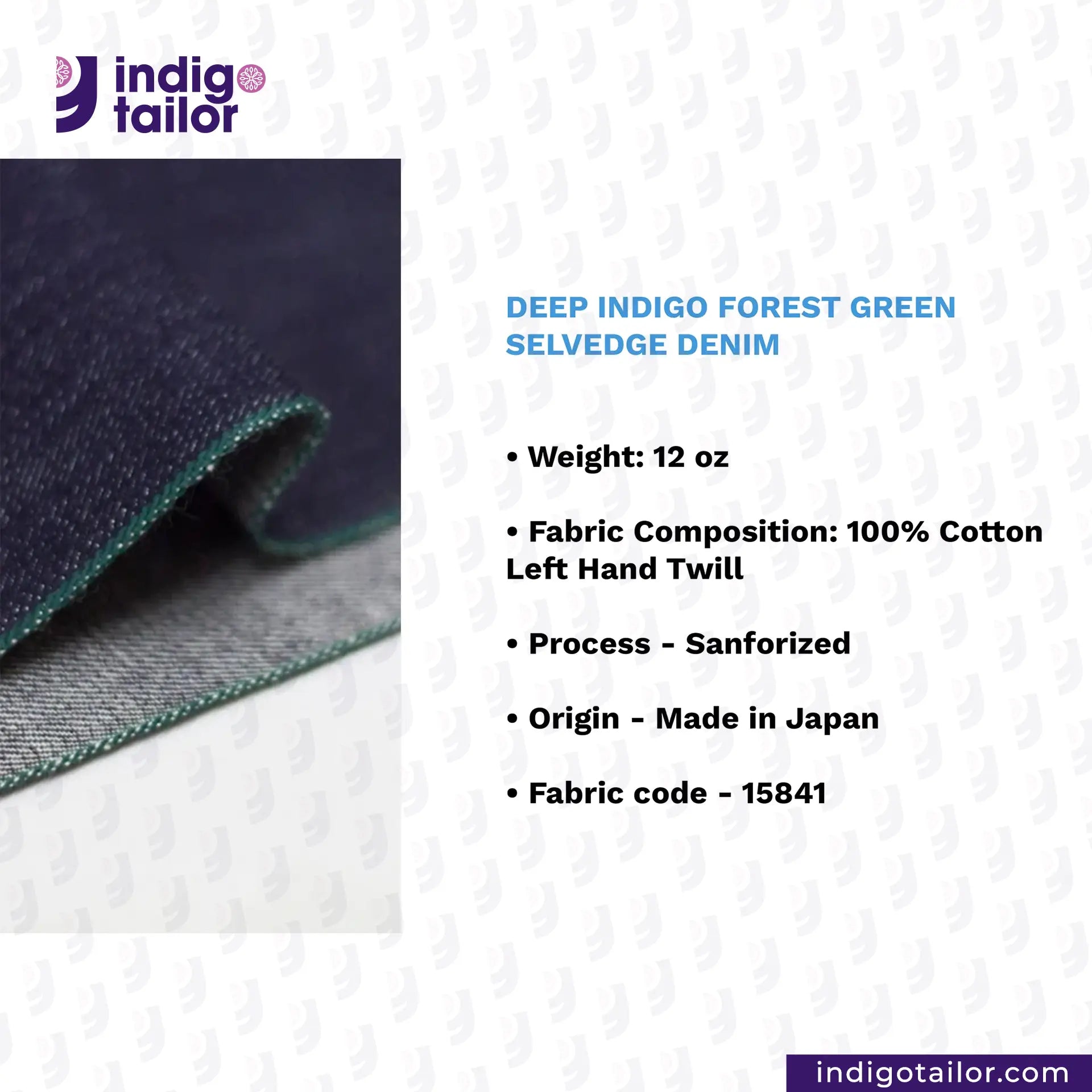 Deep indigo forest green selvedge denim with product details on a light gray background