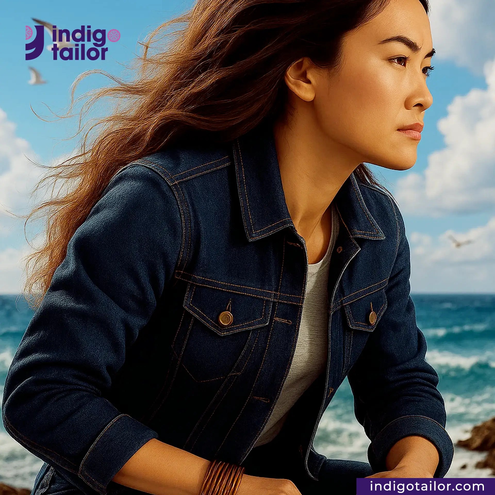 Woman wearing a DEEP INDIGO GREENCAST SELVEDGE DENIM jacket with a scenic background and Indigotailor logo.