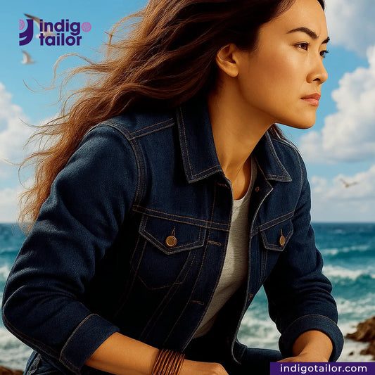 Woman wearing a DEEP INDIGO GREENCAST SELVEDGE DENIM jacket with a scenic background and Indigotailor logo.