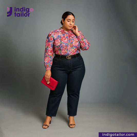 Woman wearing a floral blouse and DEEP INDIGO GREENCAST SELVEDGE DENIM pants with a red clutch, standing against a gray background with 'Indigotailor' branding.