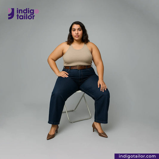 Woman sitting on a chair wearing a beige top and DEEP INDIGO OMBRÉ CAST DENIM jeans with 'Indigo Tailor' branding.