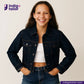 Girl wearing a DEEP INDIGO RAINBOW STRETCH SELVEDGE DENIM jacket and jeans with Indigotailor logo and website.