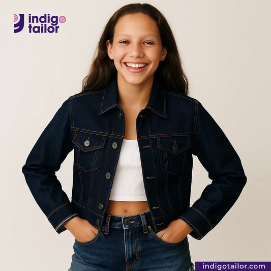Girl wearing a DEEP INDIGO RAINBOW STRETCH SELVEDGE DENIM jacket and jeans with Indigotailor logo and website.