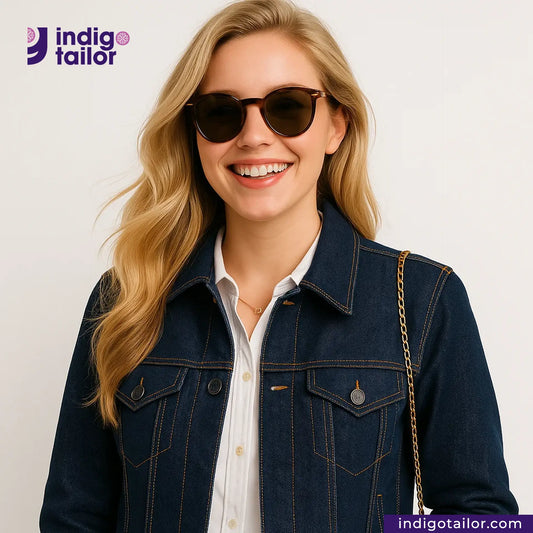 Woman wearing a DEEP INDIGO STRETCH SELVEDGE DENIM jacket and sunglasses with 'Indigotailor' branding.