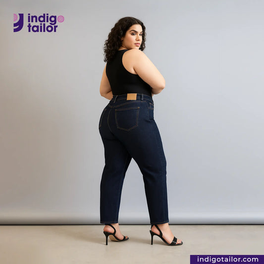 Woman wearing DEEP INDIGO STRETCH SELVEDGE DENIM jeans with 'Indigo Tailor' logo and website on a gray background
