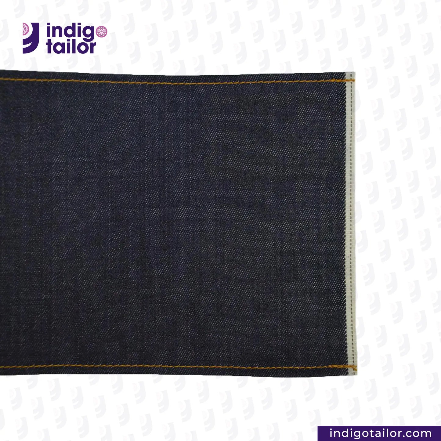 Close-up of DEEP INDIGO STRETCH SELVEDGE DENIM fabric with 'Indigo Tailor' logo and website URL.