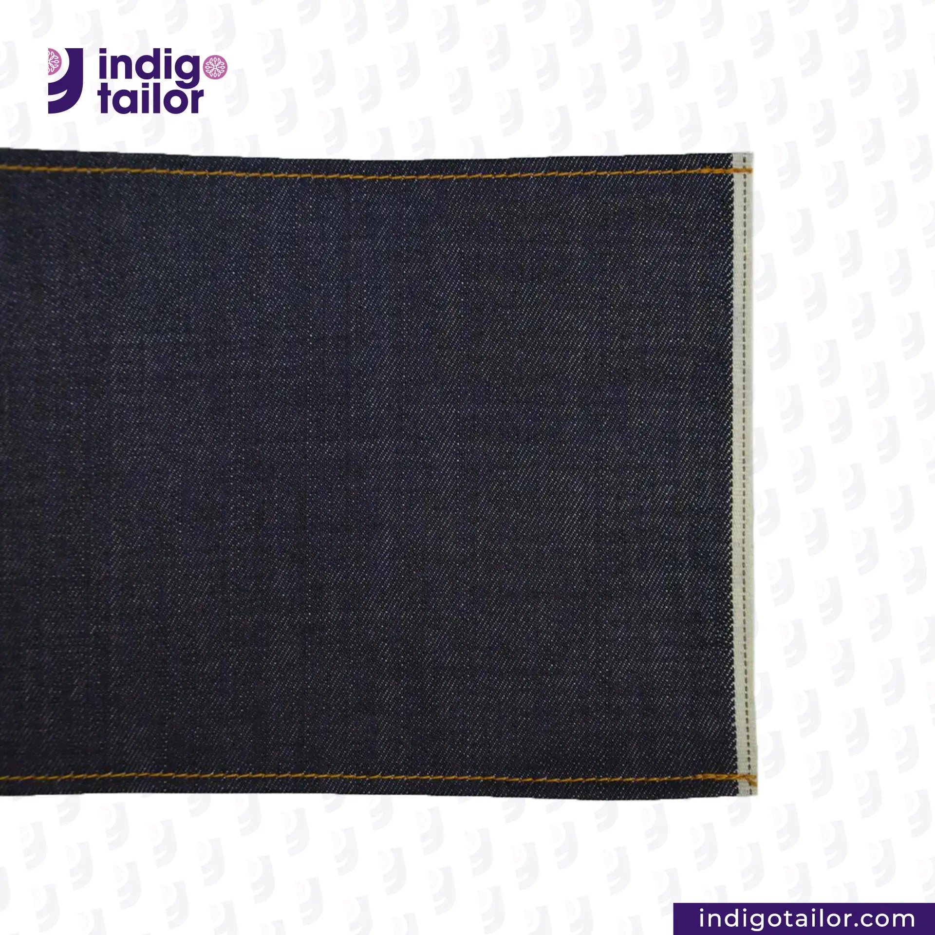 Close-up of DEEP INDIGO STRETCH SELVEDGE DENIM fabric with 'Indigo Tailor' logo and website URL.
