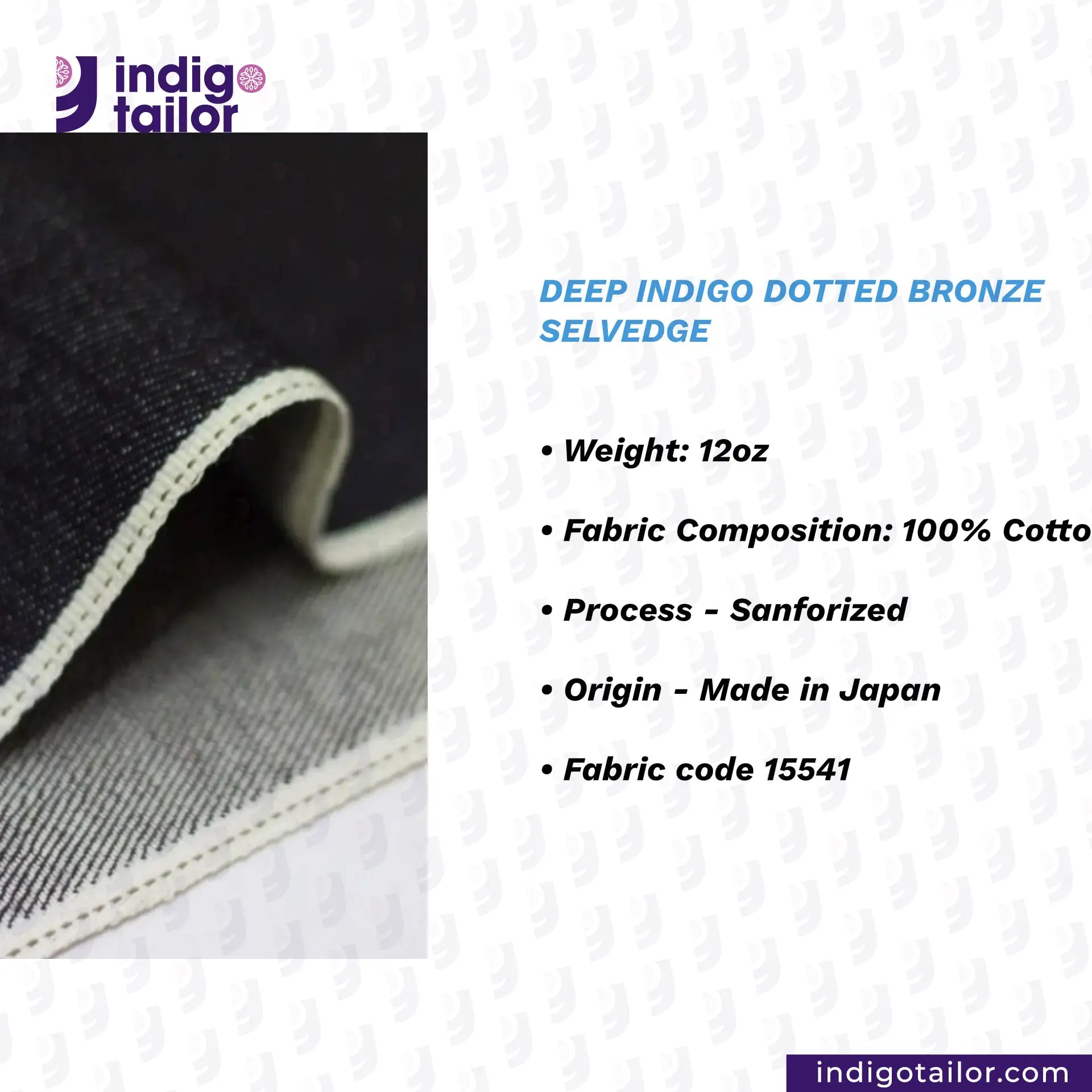 DEEP INDIGO STRETCH SELVEDGE DENIM fabric with specifications and Indigotailor branding on a white background