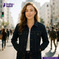 Woman wearing a DEEP INDIGO TWO COLORED EDGE SELVEDGE DENIM jacket on a city street with Indigotailor logo.