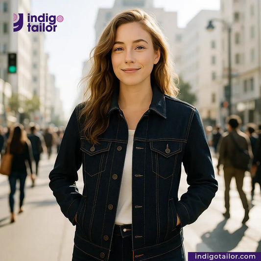 Woman wearing a DEEP INDIGO TWO COLORED EDGE SELVEDGE DENIM jacket on a city street with Indigotailor logo.