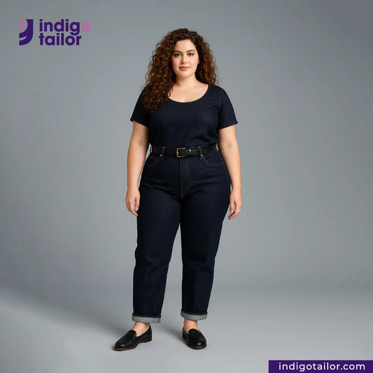 Woman wearing a DEEP INDIGO TWO COLORED EDGE SELVEDGE DENIM outfit with 'indigotailor' branding on a gray background