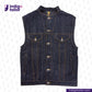DENIM BIKER VEST with button details on a white background, featuring the Indigotailor logo.