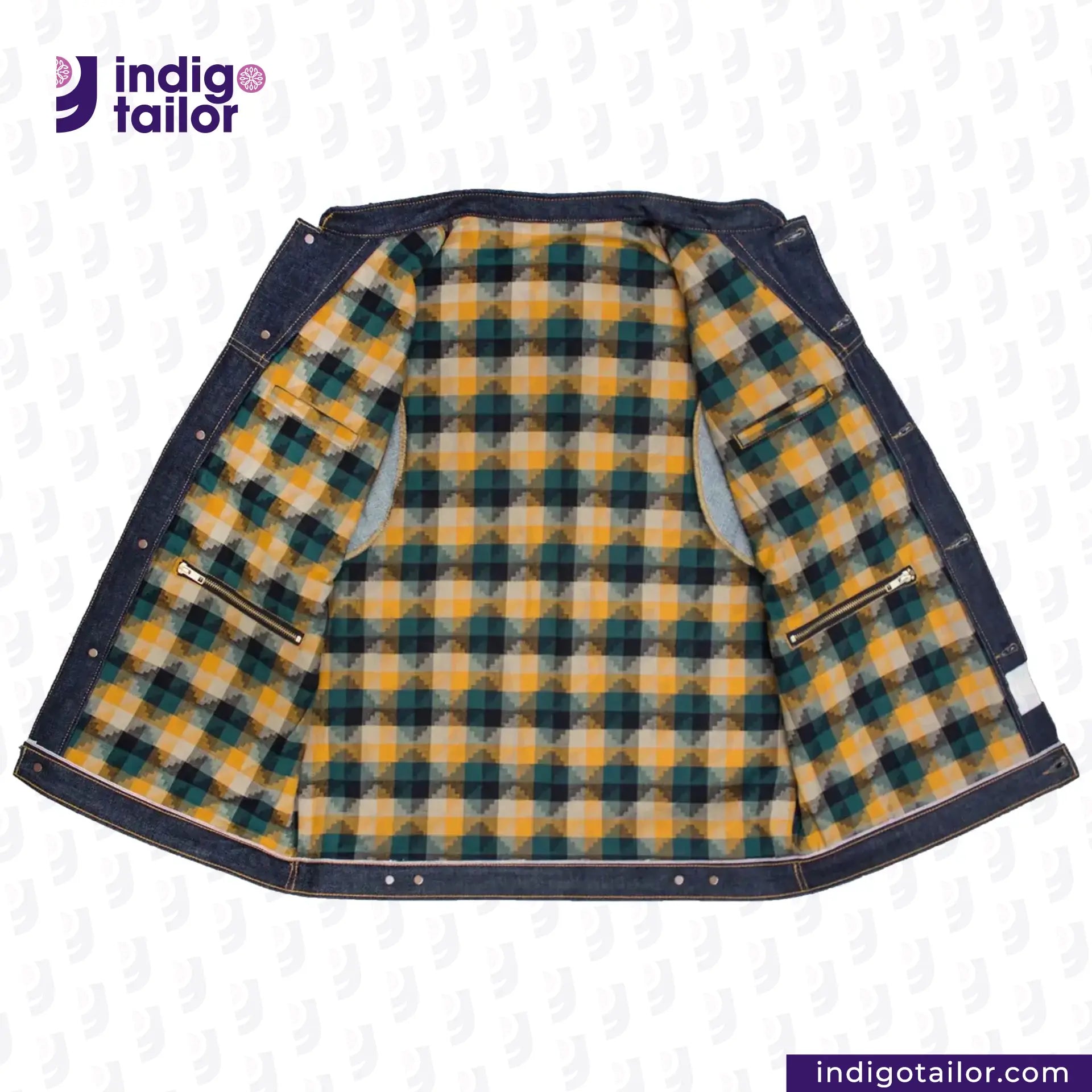 DENIM BIKER VEST with blue and yellow pattern on a white background, featuring the Indigotailor logo.