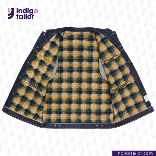DENIM BIKER VEST with blue and yellow pattern on a white background, featuring the Indigotailor logo.