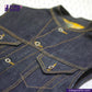 Close-up of a DENIM BIKER VEST with stitching details, featuring the 'indigotailor' brand.