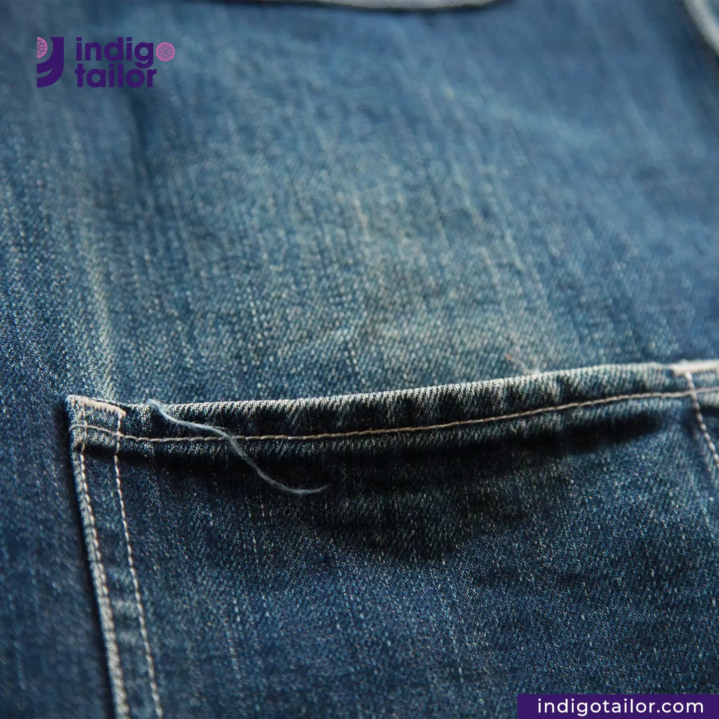 Close-up of DENIM CHORECOAT shirt fabric with 'Indigotailor' logo and website.