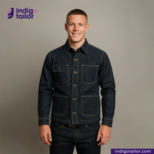 Man wearing a DENIM CHORECOAT jacket with 'Indigotailor' logo above