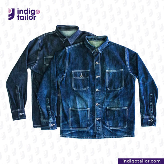 Two DENIM CHORECOAT shirts with 'indigotailor' logo and website on a white background