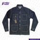 DENIM CHORECOAT jacket with a tag on a light gray background, featuring the Indigotailor brand.