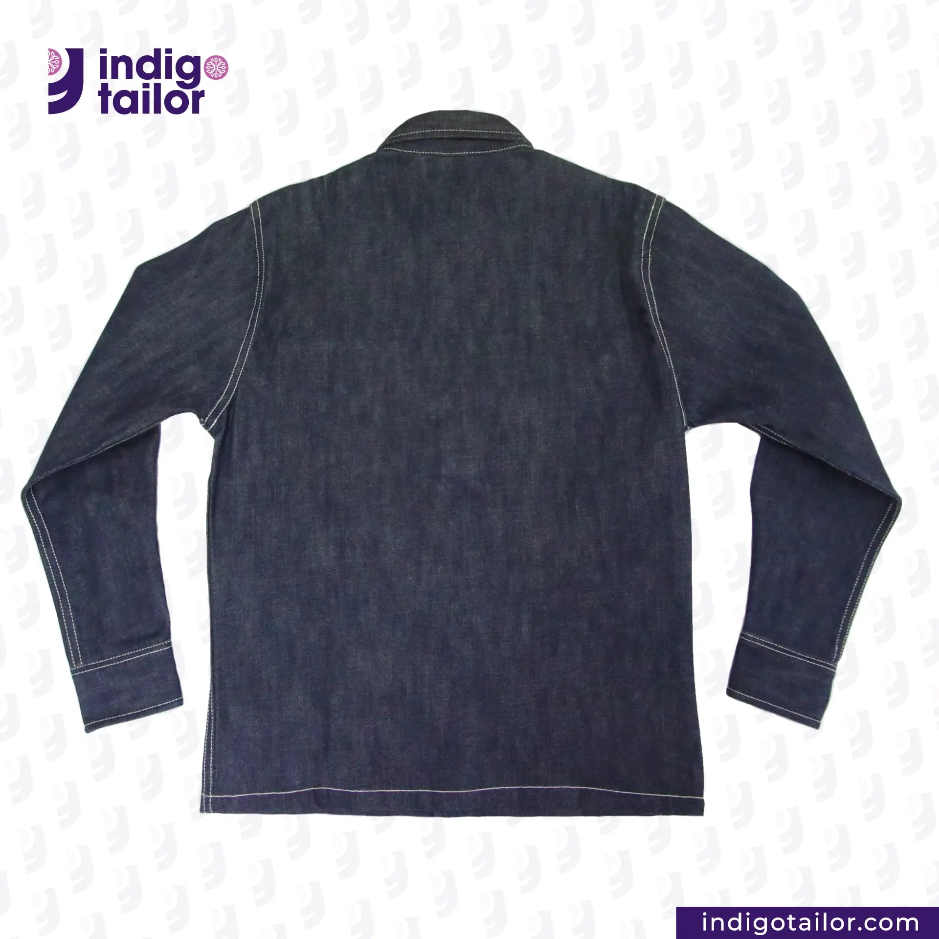 Back view of a DENIM CHORECOAT shirt with 'Indigotailor' logo on a white background