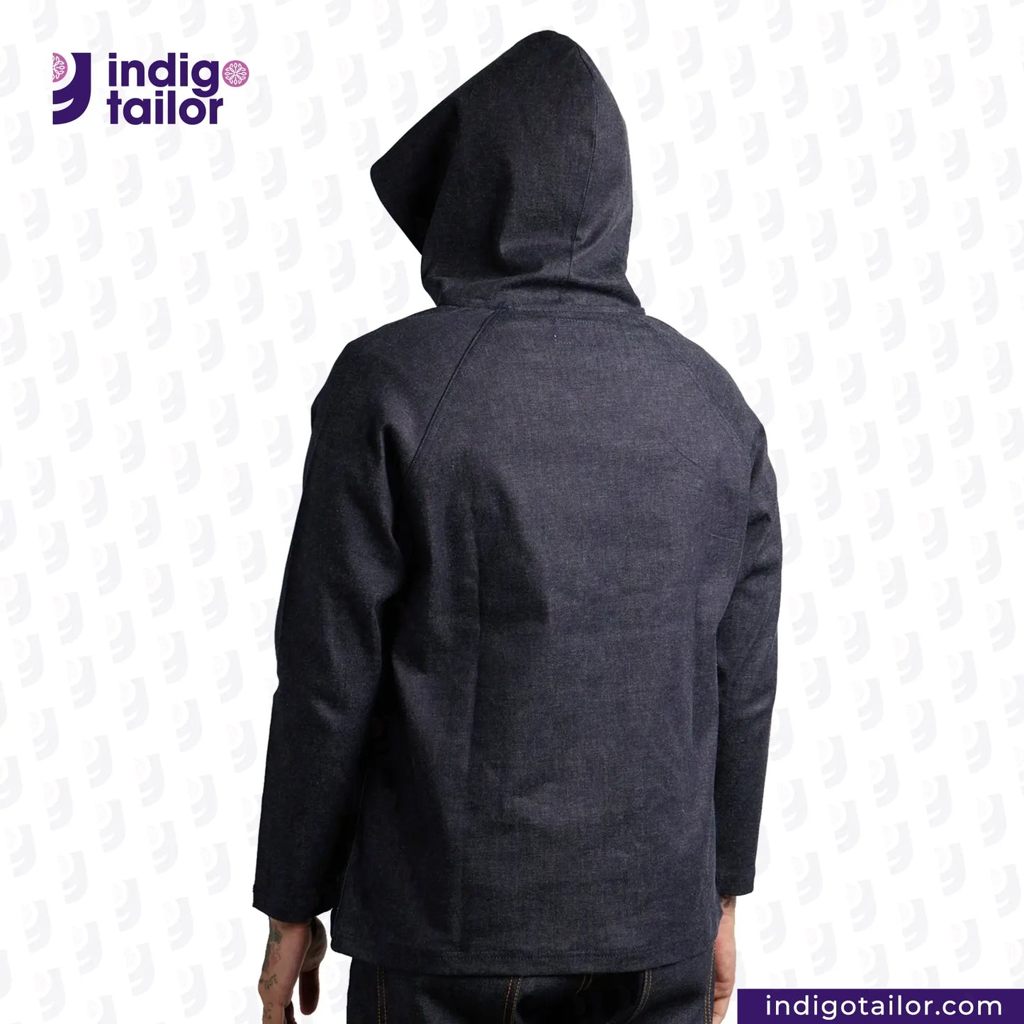 DENIM HOODIE on a white background with 'Indigo Tailor' logo.