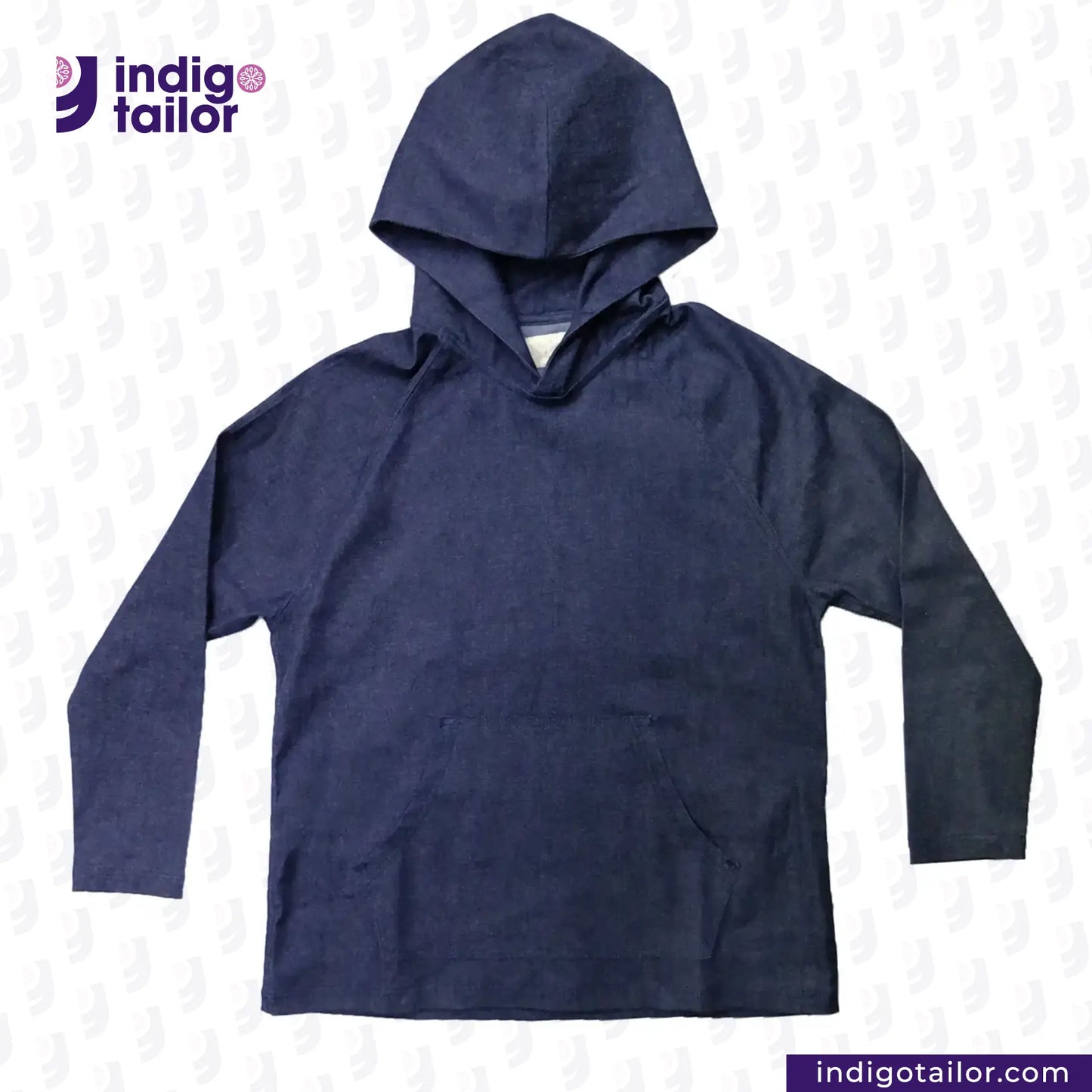DENIM HOODIE on a light gray background with 'Indigo Tailor' branding.