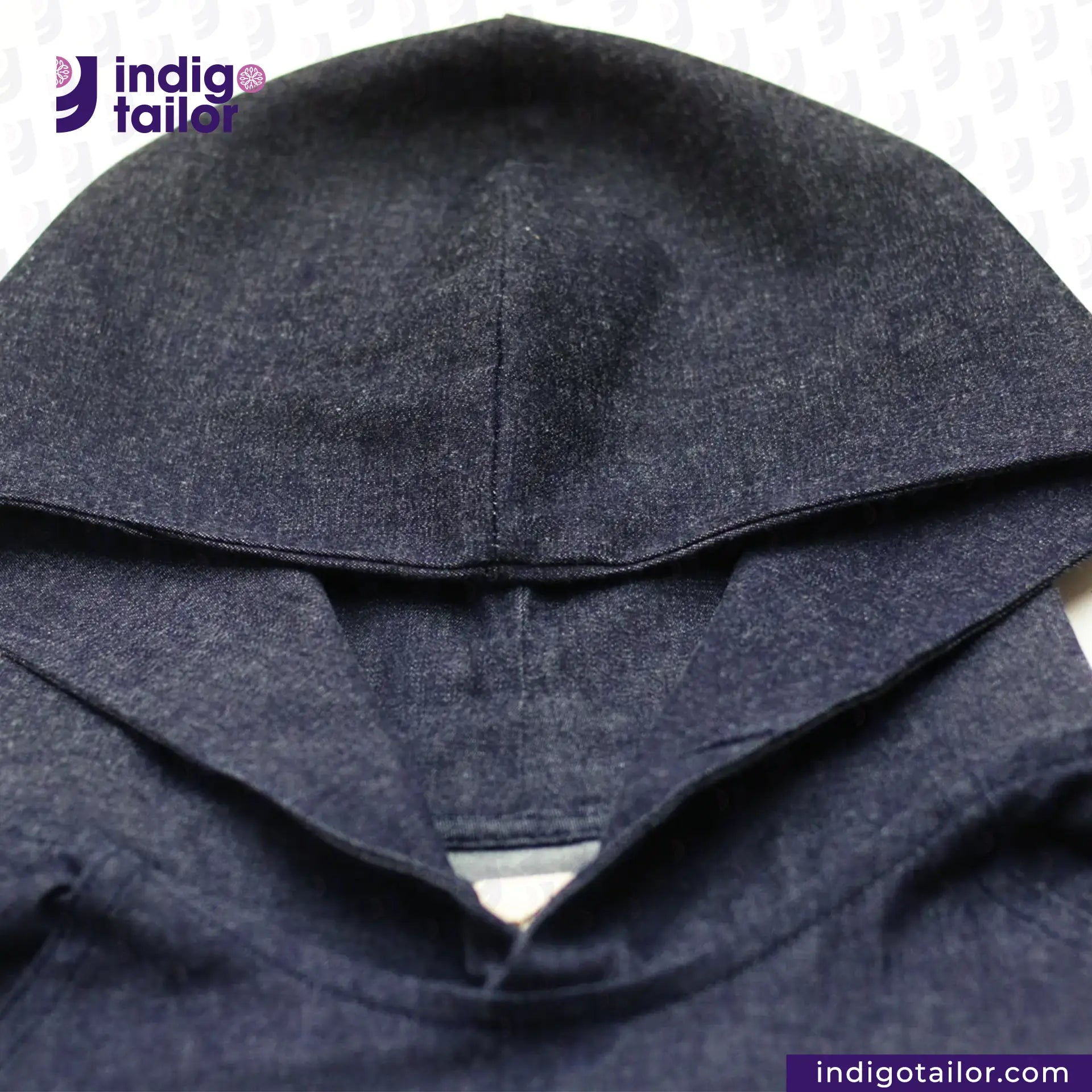 DENIM HOODIE with a collar, featuring the 'indigotailor' brand logo.